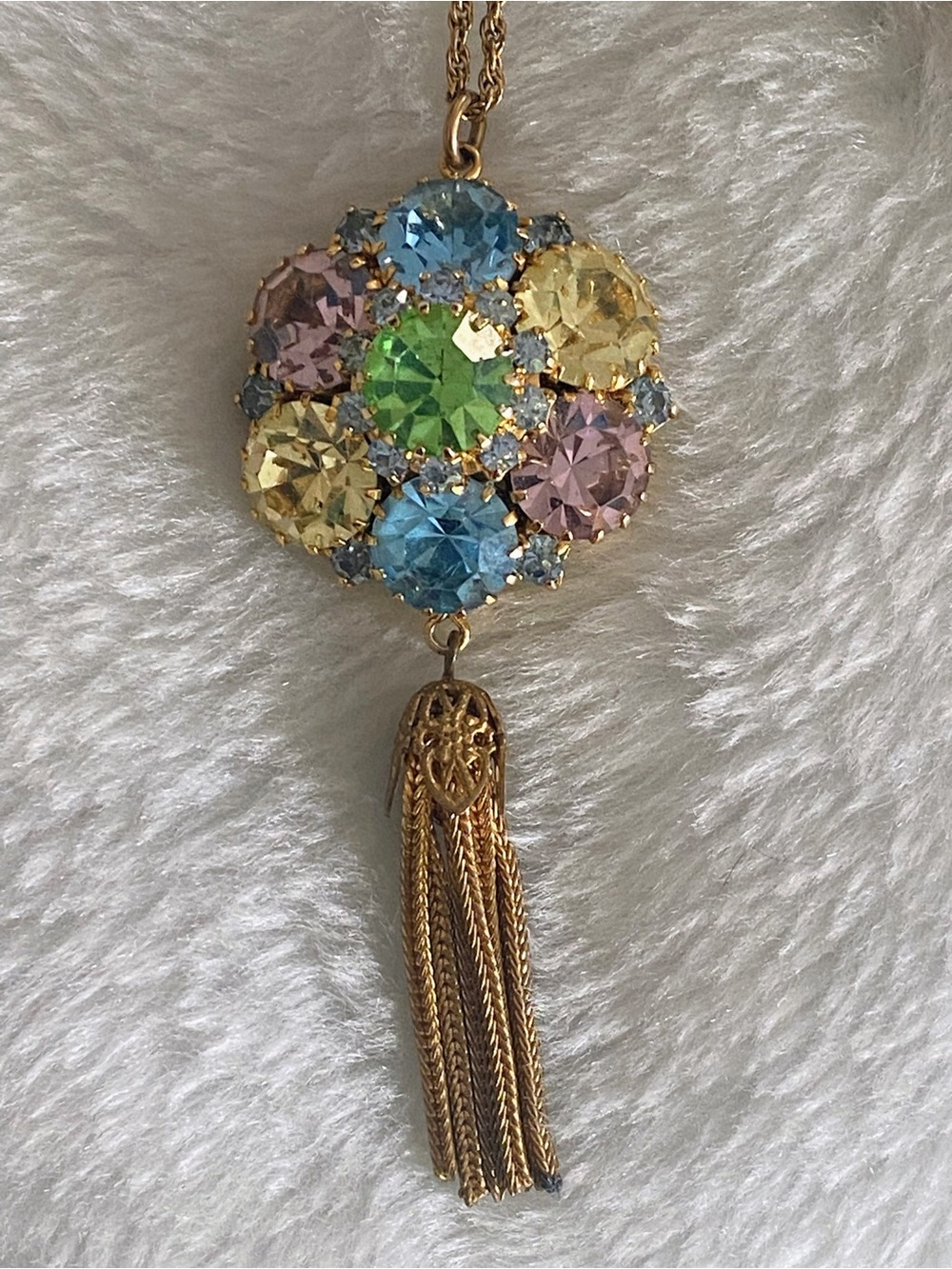 Vintage Gold-Tone Multicolor Rhinestone Pendant Necklace And Clip Earrings Set - Picture 2 of 12